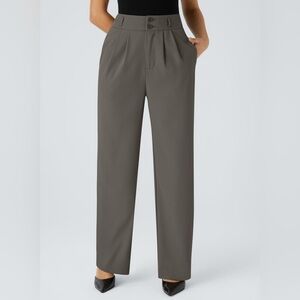 Halara High Waisted Button Zipper Plicated Side Pocket Shirred Straight Leg Pant